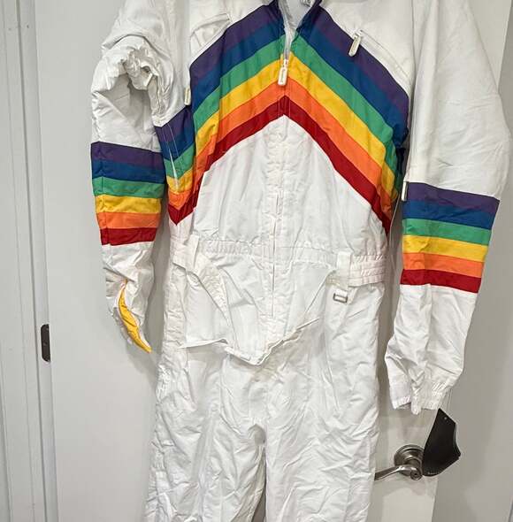 Tipsy Elves Men's Sunrise Shredder Ski Snow Suit Rainbow Retro White Unisex - Picture 2 of 10